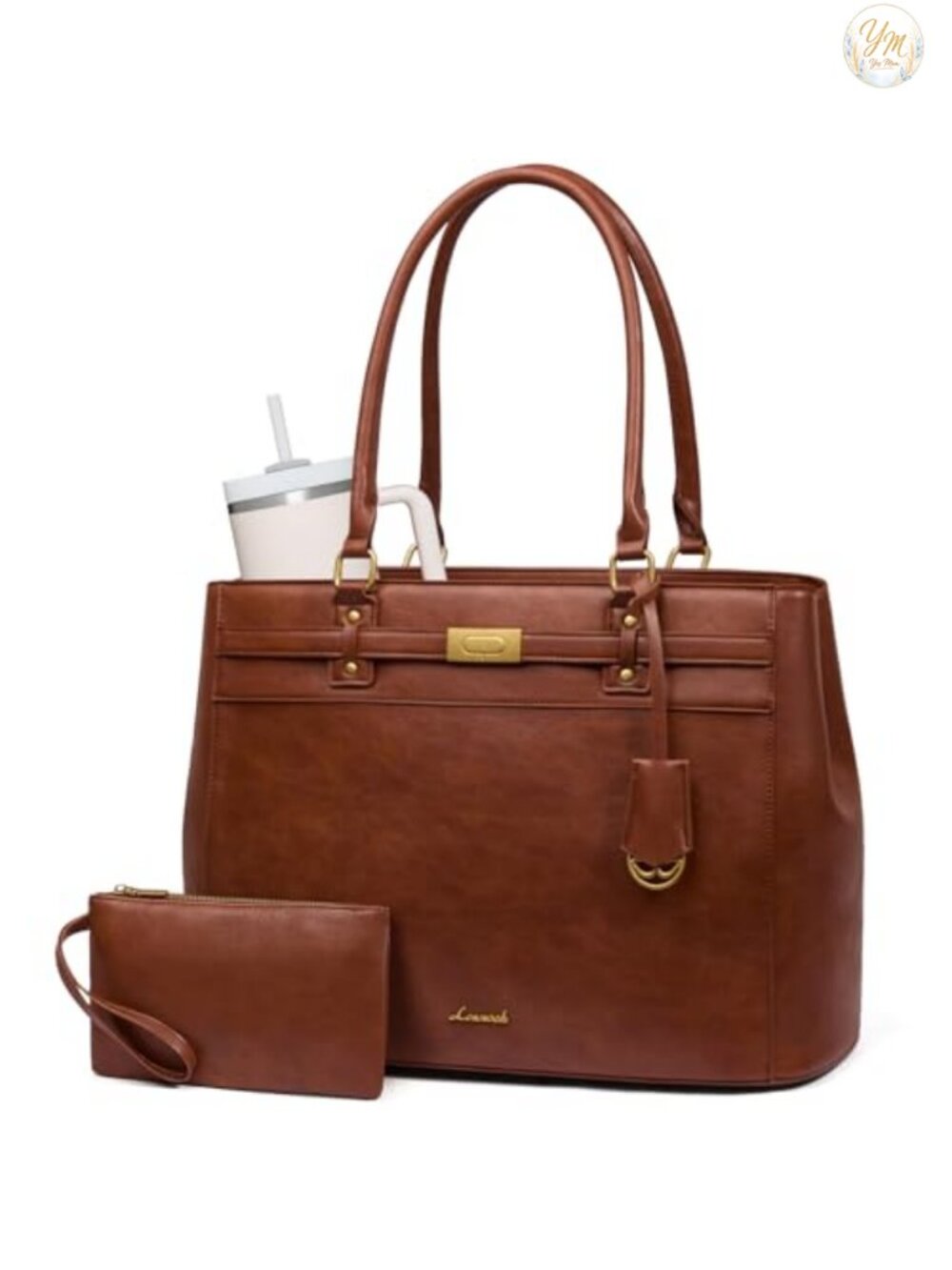 17.3 Inch Laptop Tote Waterproof Faux Leather Work Bag with Tumbler Pocket